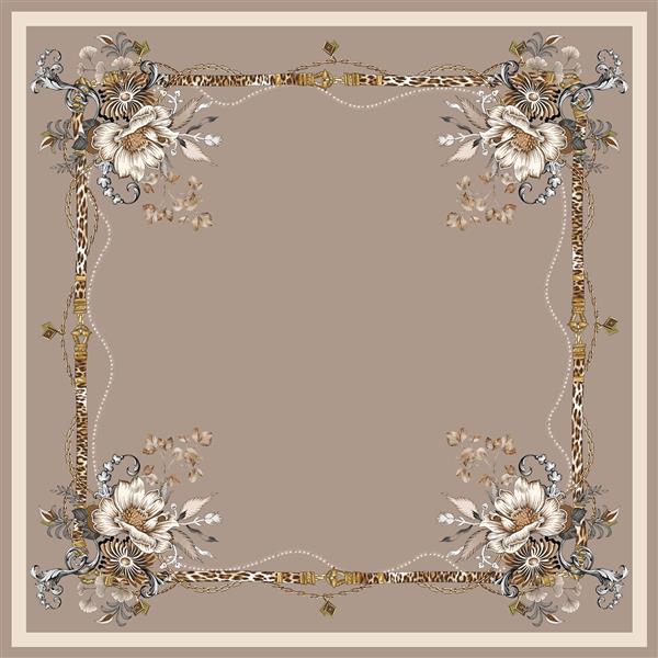 طرح شال/روسری مجلسی کرم قهوه‌ای با حاشیه پلنگی و گل‌های کرم لوکس با فریم پلنگی و گره‌های زنجیری