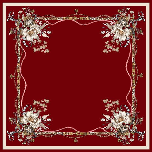 طرح شال/روسری قرمز لاکی با حاشیه طلایی و گل‌های سفید کرم وکتور لوکس با فریم پلنگی و گره‌های زنجیری