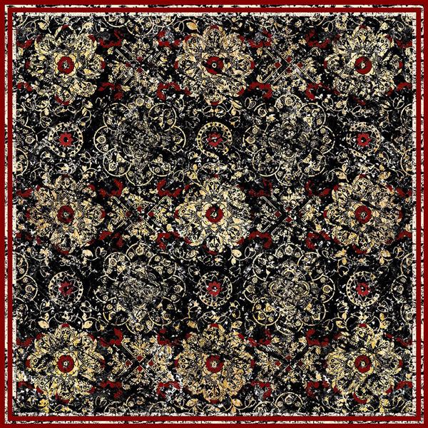 طرح روسری درهم و شلوغ داماسک و گل‌های خرد شده به رنگ مشکی، طلایی و قرمز الگوی تکرار شونده وینتج و دارک برای فرش یا پارچه