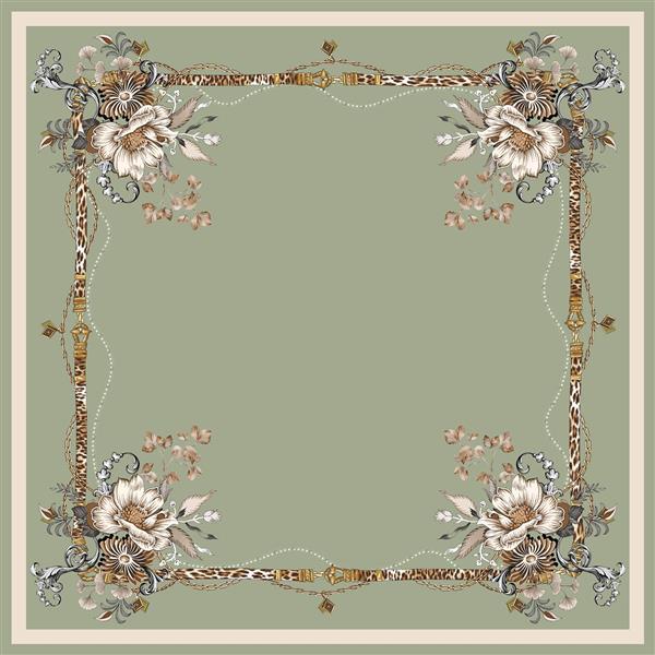 طرح روسری با حاشیه پلنگی و گل‌های محو وینتج روی زمینه سبز زیتونی لوکس با فریم و نقوش کلاسیک