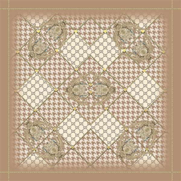 طرح شال/روسری لوکس قهوه‌ای و کرم با تزئینات طلایی و پترن شطرنجی لوکس و وینتج با طرح‌های کلاسیک