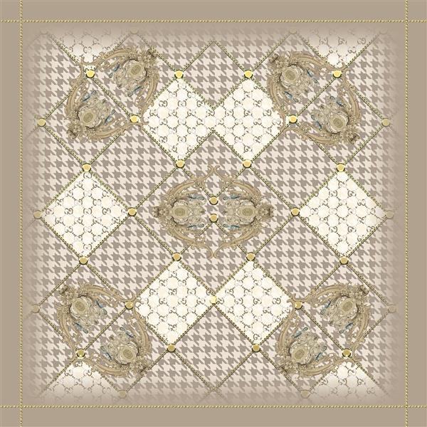 طرح شال/روسری لوکس با تزئینات طلایی و پترن شطرنجی قهوه‌ای روشن کلاسیک و سلطنتی با رنگ‌های گرم و خنثی