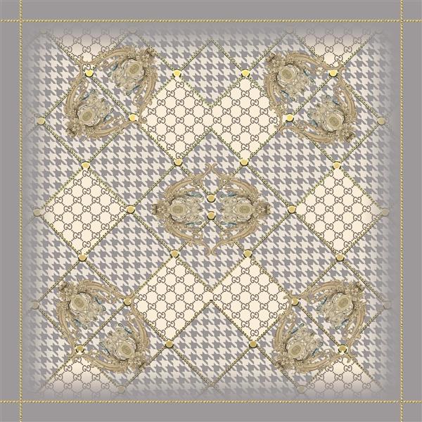 طرح شال/روسری لوکس با ترکیب شطرنجی و تزئینات طلایی روی پس‌زمینه یاسی/خاکستری روشن لاکچری و کلاسیک