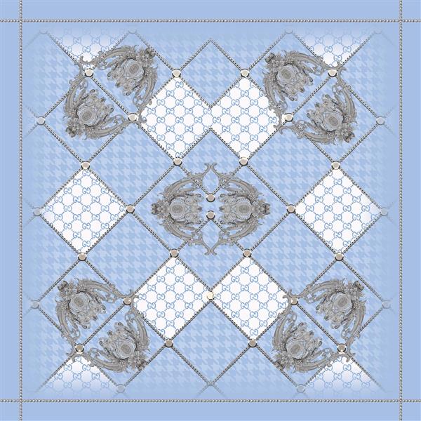 طرح شال/روسری لوکس آبی روشن و سفید با تزئینات نقره‌ای و بته جقه کلاسیک و مدرن برای شال ابریشمی