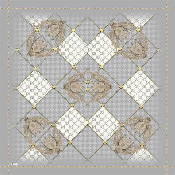 طرح شال/روسری لوکس با ترکیب شطرنجی و تزئینات طلایی روی پس‌زمینه خاکستری کلاسیک و سلطنتی