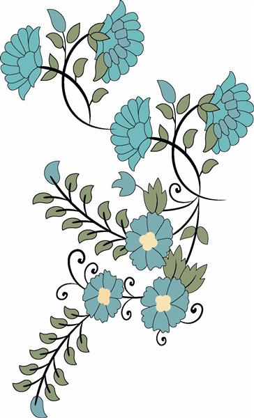 طرح بُتۀ گل با گل‌های درشت فانتزی به رنگ آبی فیروزه‌ای وکتور بته جقه با برگ‌های سبز زیتونی و شاخه‌های منحنی