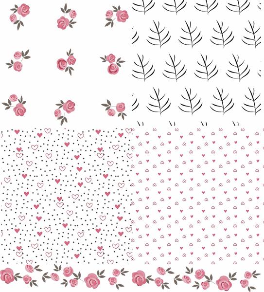 کلاژ چهار پترن مجزا شامل گل رز، برگ، قلب و نقطه‌های فانتزی الگوی ترکیبی چهار در یک با رنگ صورتی و سفید