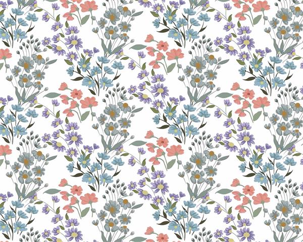 الگوی پراکنده و تکرار شونده گل‌های وحشی کوچک با رنگ‌های پاستلی پترن شلوغ و بهاری برای پارچه و پس‌زمینه