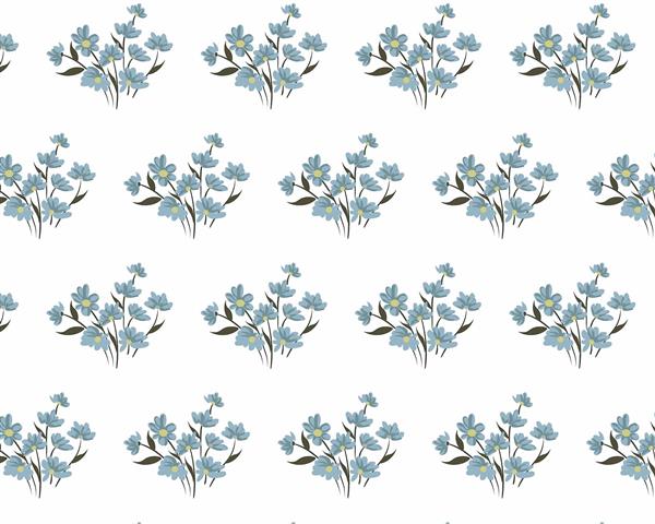 الگوی تکرار شونده خوشه‌های گل‌های ریز آبی رنگ روی زمینه سفید پترن مینیمال و لطیف با نقوش گل بهاری