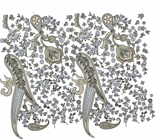 طرح حاشیه بزرگ گل و بته جقه با رنگ‌های طوسی و آبی کم‌رنگ وکتور گلدوزی کلاسیک و سنتی برای حاشیه