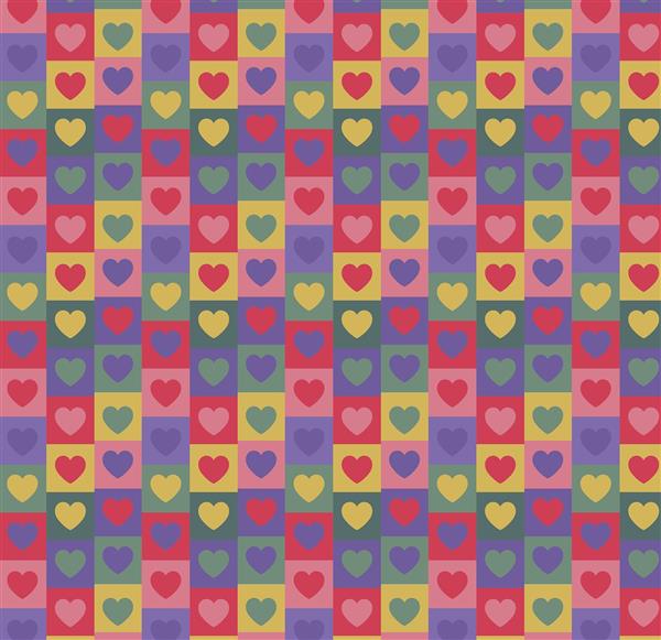 الگوی شطرنجی مربع‌های رنگی با قلب‌های تکرار شونده پترن فانتزی و شاد برای پس‌زمینه و بسته بندی