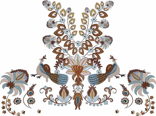 طرح گلدوزی قرینه طاووس و گل‌های شاخه‌دار با پالت رنگ خنثی وکتور بته جقه مدرن و طرح بلوچی