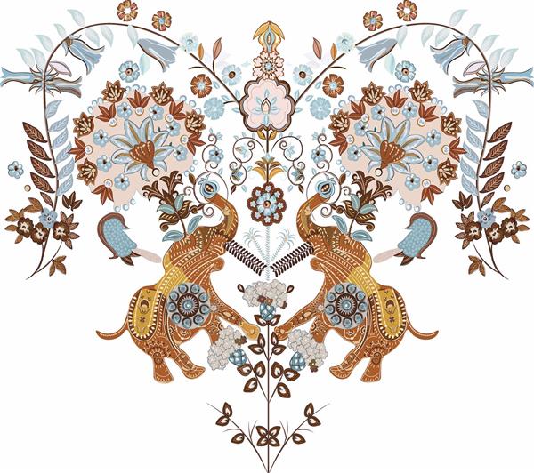 وکتور قرینه فیل هندی تزئین شده و طرح‌های اسلیمی بومی موتیف سنتی با گل‌های آبی، نارنجی و قهوه‌ای