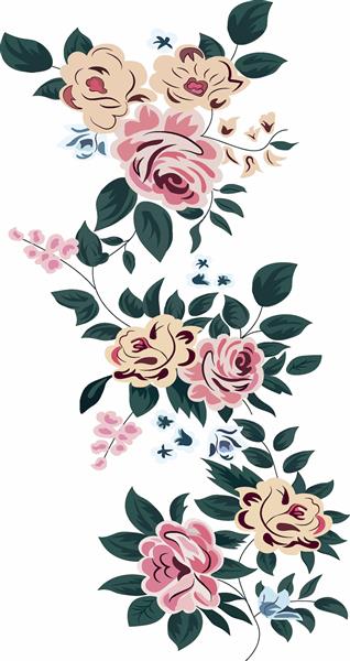 طرح بُتۀ گل رز با رنگ‌های کرم، صورتی و برگ‌های سبز تیره وکتور کلاسیک وکتور بته جقه با گل‌های وینتج