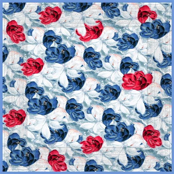 طرح روسری گل لاله درشت با رنگ‌های سرمه‌ای و قرمز در پس‌زمینه آبی روشن