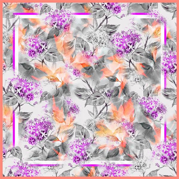 طرح روسری گل‌های خوشه بنفش و برگ‌های آبرنگی با پس زمینه خاکستری و نارنجی