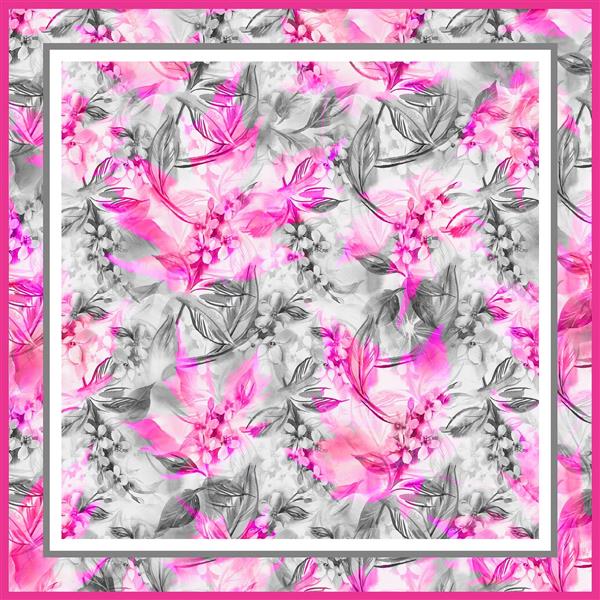 طرح روسری گل‌های آبرنگی نئون صورتی و شاخ و برگ‌های کنتراست خاکستری برای چاپ