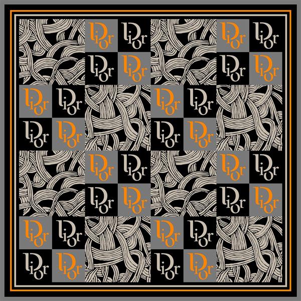 طرح روسری شطرنجی برند لوکس با الگوهای زنجیره‌ای و مونوگرام نارنجی و سیاه