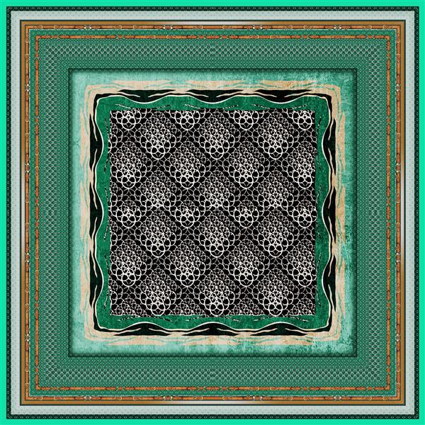 طرح روسری حاشیه دار با زمینه طرح مشبک توری با تم سبز زمردی و طلایی