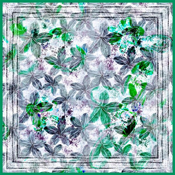 طرح روسری برگ‌های استوایی و پاشش رنگ آبرنگی با تم سبز و خاکستری روشن