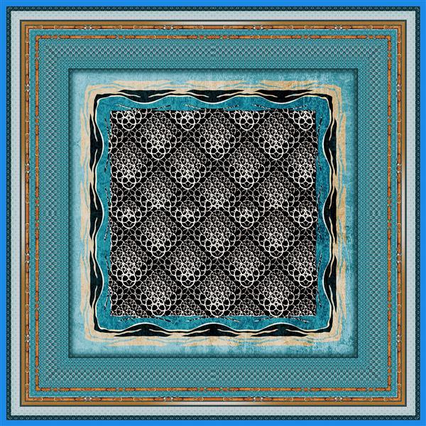 طرح روسری حاشیه دار با زمینه طرح توری قلاب بافی سنتی به رنگ فیروزه‌ای تیره