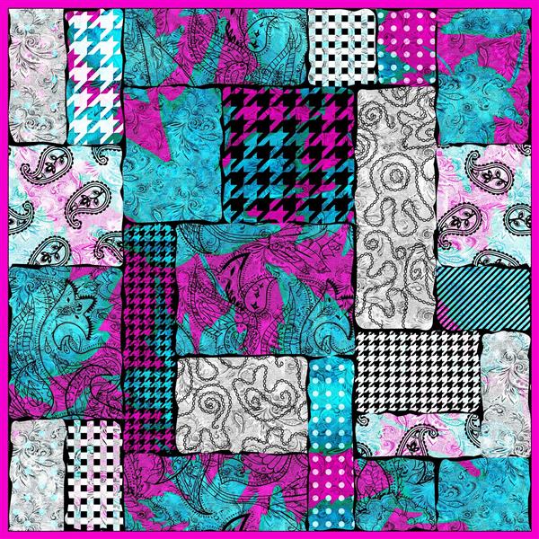 طرح روسری پچورک بافتنی با پترن چهارخانه و بته‌جقه صورتی و فیروزه‌ای