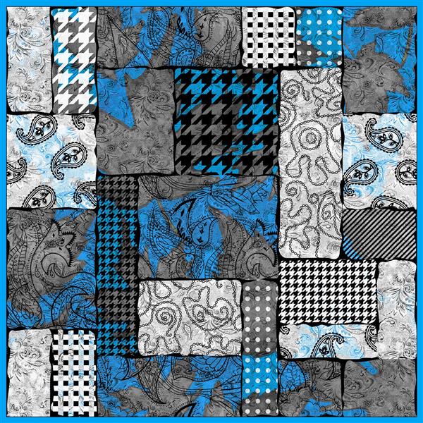 طرح روسری پچورک با پترن بته‌جقه و هاوندستوث آبی و خاکستری