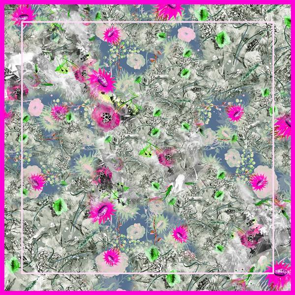 طرح روسری گل‌های صورتی نئون بر زمینه محو آبرنگی خاکستری برای چاپ باکیفیت