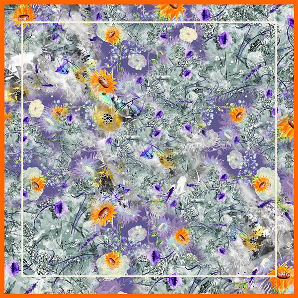 طرح روسری گل آفتابگردان و بنفشه وحشی با تم خاکستری و بنفش برای چاپ