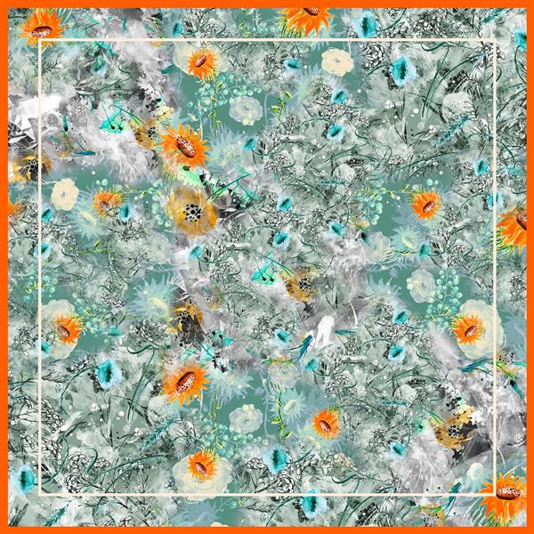 طرح روسری گلدار آبرنگی با تم فیروزه‌ای و نارنجی برای چاپ