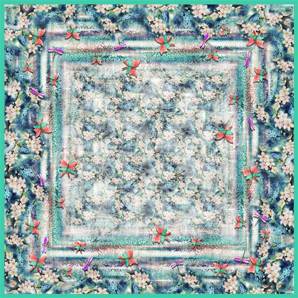 طرح روسری گل‌دار فیروزه‌ای و مرجانی (الگوی طبیعت شاداب)