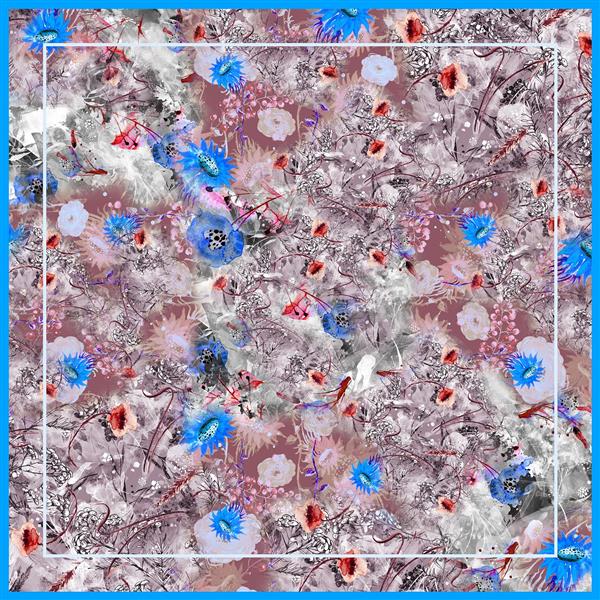 طرح روسری آبرنگی گل‌های آبی و قرمز روی خاکستری (الگوی طبیعت هنری)