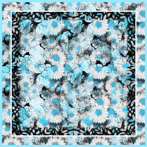 طرح روسری گل بابونه آبی و سفید (الگوی فانتزی با کنتراست بالا)