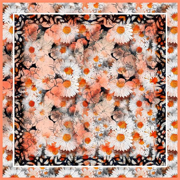 طرح روسری گل بابونه نارنجی و سفید (الگوی آبرنگی شاداب)