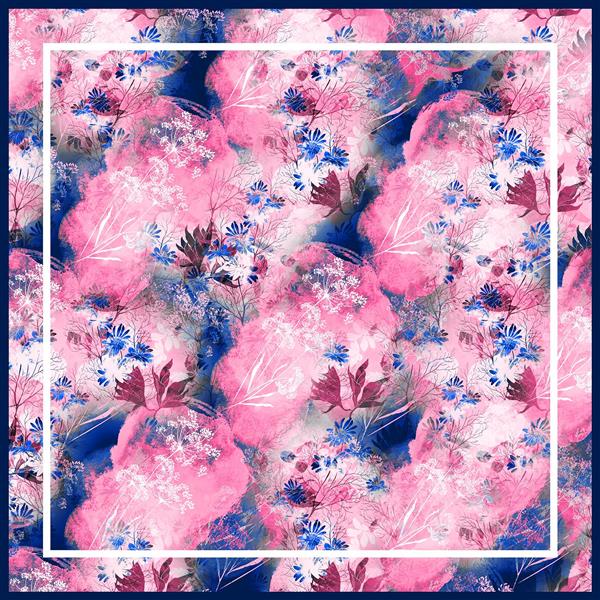 طرح روسری آبرنگی صورتی و سرمه‌ای (الگوی گل‌دار تیره و روشن)