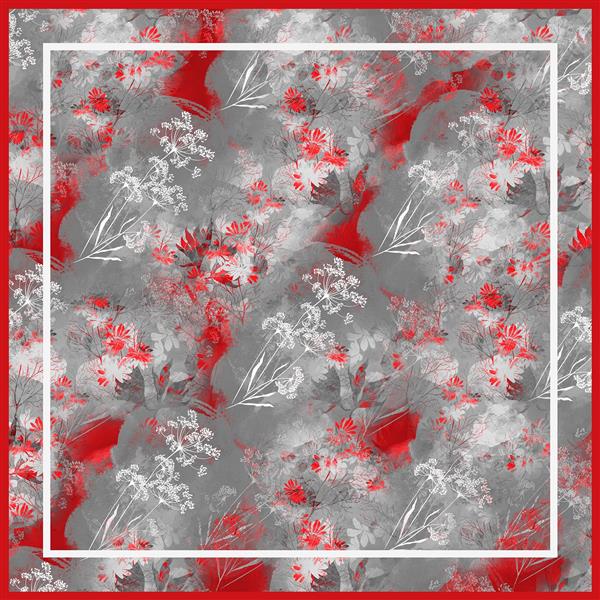 طرح روسری آبرنگی گل‌دار قرمز و خاکستری (الگوی طبیعت انتزاعی)