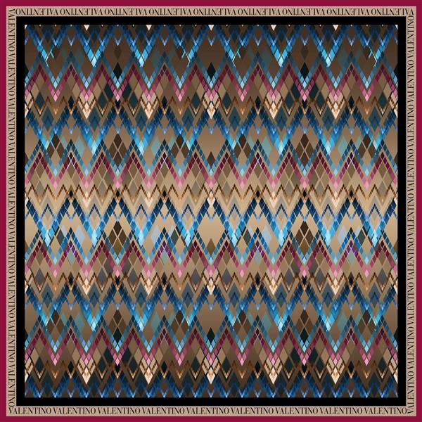 طرح روسری زیگزاگ چندرنگ آبی، قهوه‌ای و طلایی والنتینو (الگوی مجلسی قبیله‌ای)