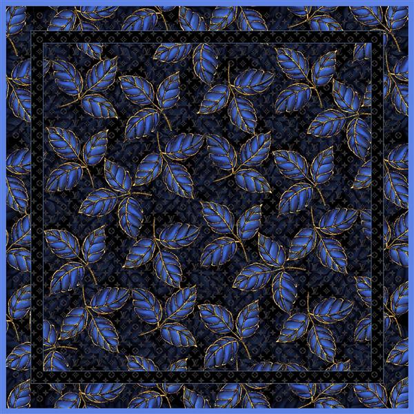 طرح روسری برگ‌های آبی و طلایی بر پس‌زمینه تیره (الگوی لوکس طبیعت)