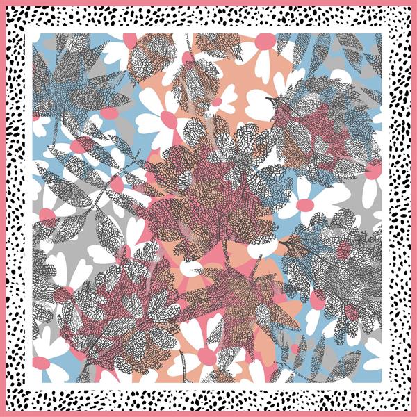 طرح روسری گل‌های بابونه و برگ‌های پاییزی صورتی و آبی (الگوی شاد طبیعت)