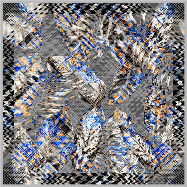 طرح روسری چهارخانه برگ‌دار انتزاعی آبی و نارنجی (طرح شلوغ مدرن)