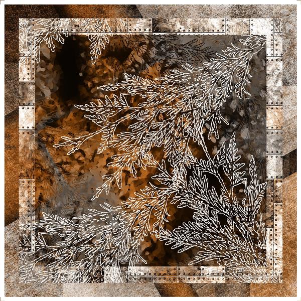 طرح روسری طبیعت انتزاعی برگ سرخس نارنجی و قهوه‌ای