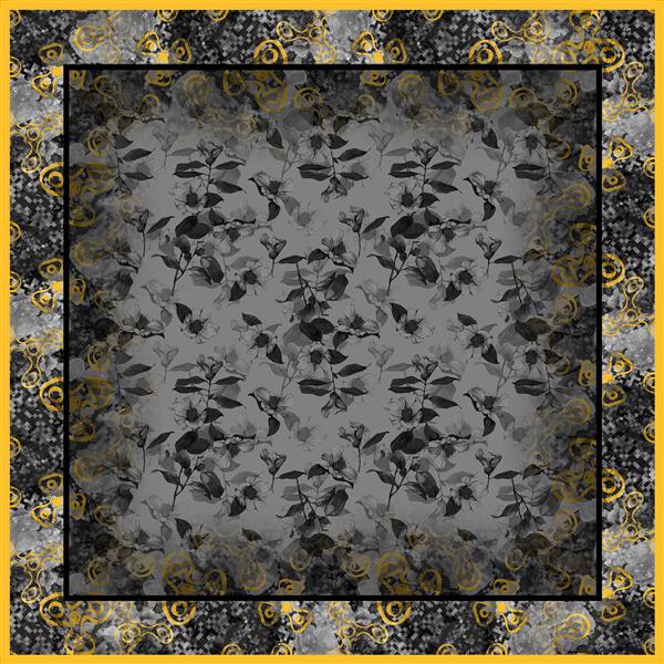 طرح برگ و شاخه بافت‌دار روی زمینه خاکستری و حاشیه زنجیری طلایی (طرح مجلل و مدرن برای شال و روسری)