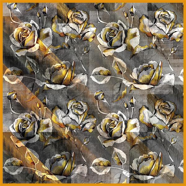 گل رز و غنچه با رنگ‌های طلایی و خاکستری تیره روی بافت چوبی (طرح لوکس و وینتج برای چاپ پارچه و دکوراسیون)