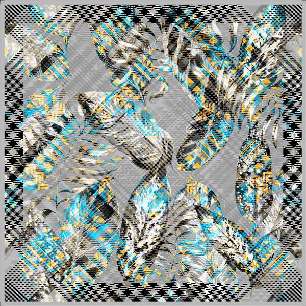 پترن برگ‌های گرمسیری انتزاعی و بافت‌دار با رنگ‌های فیروزه‌ای و زرد (طرح مدرن و تابستانی برای دکوراسیون و لباس)