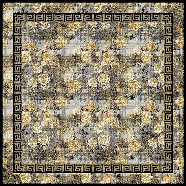پترن شلوغ و کلاسیک گل رز زرد طلایی با پس‌زمینه سگ شکاری (Houndstooth) و حاشیه یونانی (مناسب محصولات لوکس و مجلل)