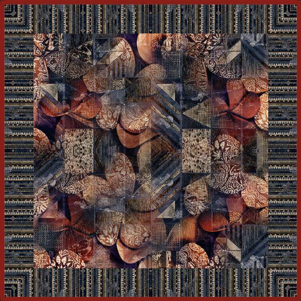 طرح کلاژ بته‌جقه با بافت‌های مختلف و اشکال هندسی در رنگ‌های گرم و تیره (مناسب روسری و دکوراسیون با سبک بوهو)