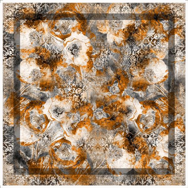 طرح گلهای درشت با رنگ‌های نارنجی زنگ‌زده و خاکستری بر روی پترن شلوغ (طرح وینتج مدرن برای چاپ پارچه و تابلو)