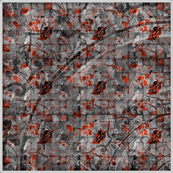 پترن بافت آجری محو با شاخ و برگ پاییزی در رنگ‌های خاکستری و آجری (طرح وینتج مناسب چاپ کاغذ دیواری و پارچه)