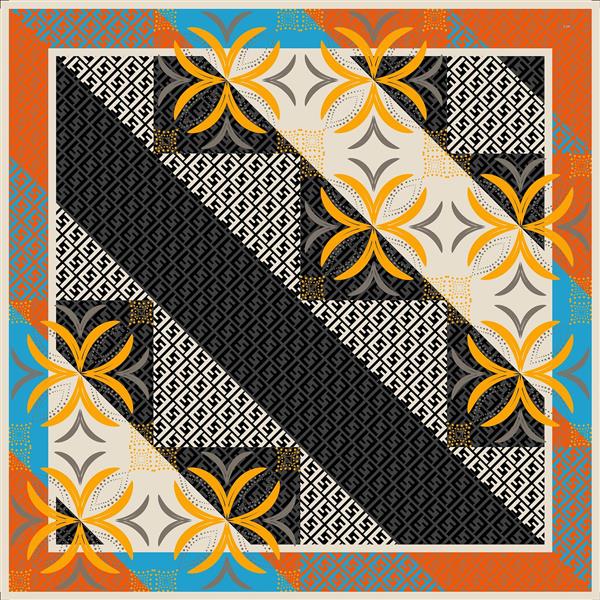 طرح هندسی مدرن با پترن‌های متقاطع و گلهای سنتی در رنگ‌های مشکی، نارنجی و فیروزه‌ای (مناسب شال و روسری و تابلو)