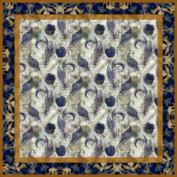 پترن پرنده و گیاهان آبی سلطنتی با حاشیه گل‌دار خردلی (طرح پارچه و دکوراسیون کلاسیک)